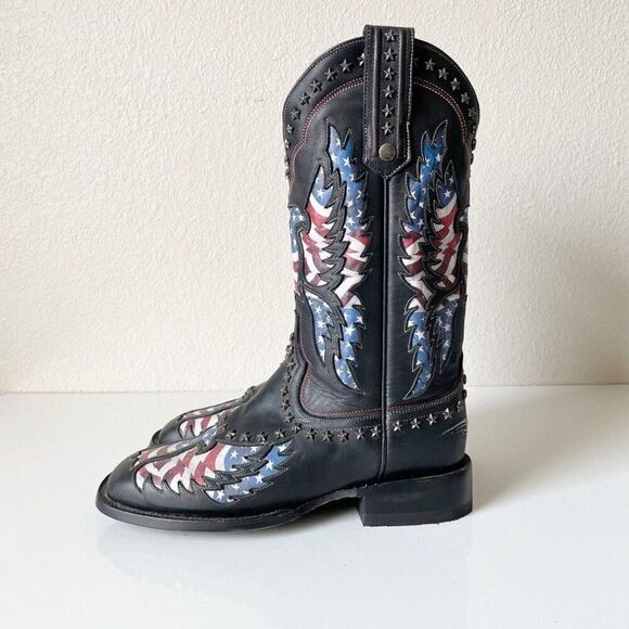 Lane OLD GLORY Mens Cowboy Boots 9 Square Toe Black Leather Biker Boots Western - Picture 6 of 14